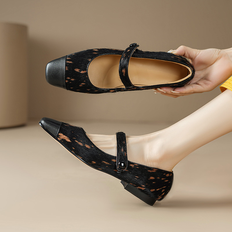 2025 new NEW Spring/Autumn Pumps Square Toe Chunky Horsehair Leopard Women Shoes Concise Low Heel Buckle Mary Janes de5c