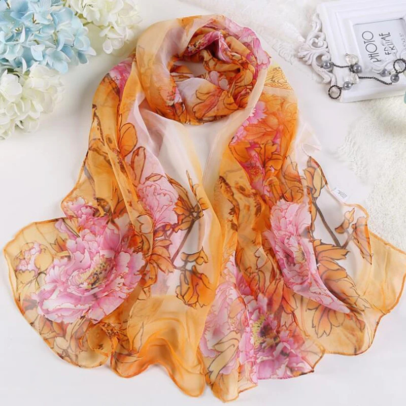 Women Fashion Chiffon Georgette Silk Scarf For Muslim Hijab Peony Flower Bandana Summber Beach Sarong Scarf Shawl HY30 240912