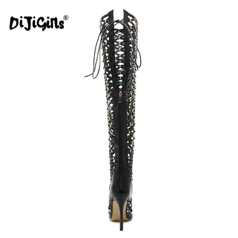 DIJIGIRLS Sexy Rivets Studded Thigh High Sandals Women Summer Gladiator Sandal Boots High Heel Cut Out Over-the-Knee Boots