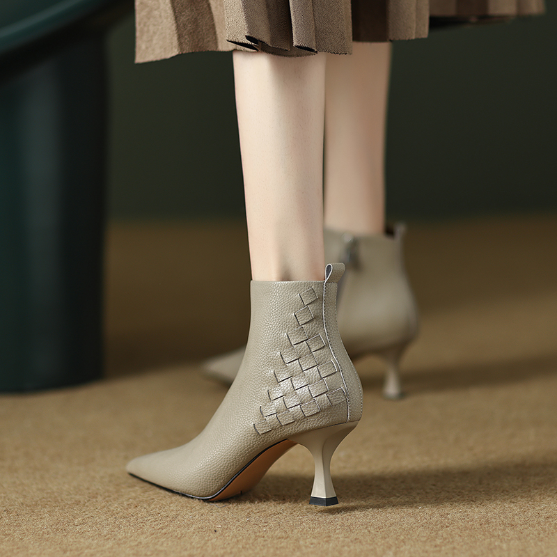 2024 Pointed Toe Ankle High Heels Women Thin Heel Short Boots Genuine Leather Winter Modern Ladies Shoes 7554
