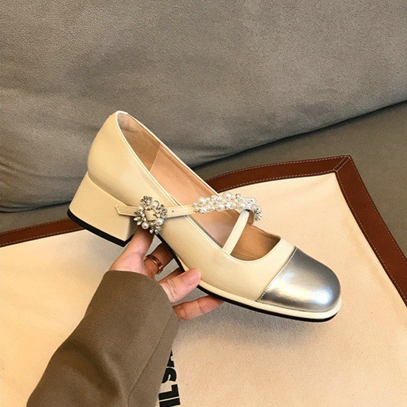 New New 2024 French Pearl Rhinester Pumps Square Head One-e Buckle High Heels Women's Mary Jane Thick Heel Shoes 5d96