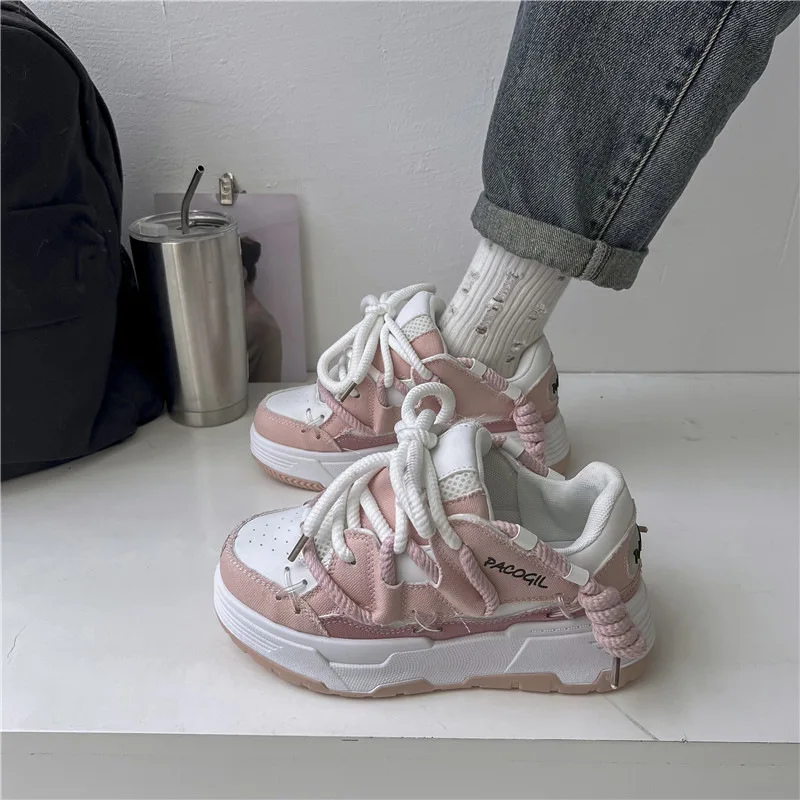 2024 Thick Sole Shoes Fashion Round Toe Flat Shoes Women Comfortable Vulcanized Shoes New Designer Sneakers Zapatillas Mujer