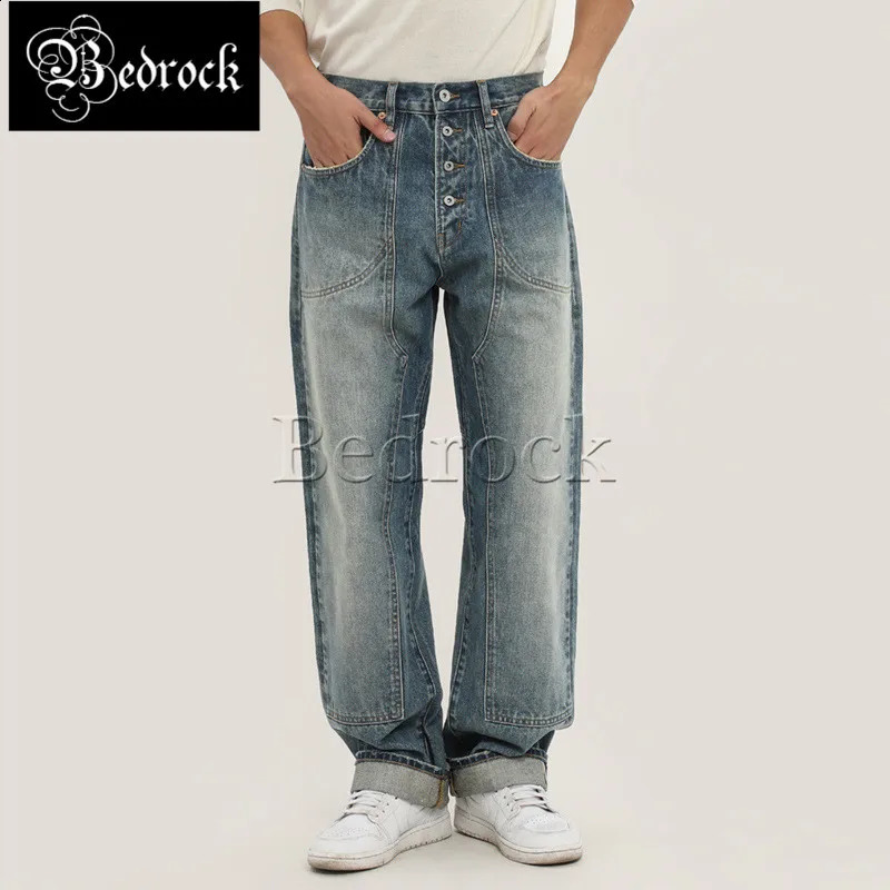 MBBCAR 14.5oz heavy wash selvedge denim baggy jeans men Out Button Fly Paris button loose straight pants motorcycle riding pants 240913