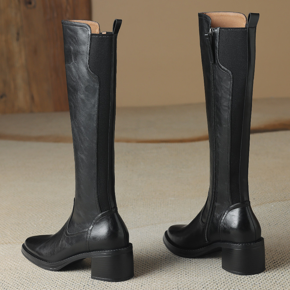 Women's genuine cow leather elastic fabric patchwork winter knee high boots side zip pointed toe 5cm thick med heel casual long boot c870