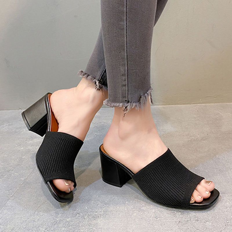 2024 Summer New Large Size Mesh High Knitted Breathable Thick Heel Women Slippers Open Toe Fashion Sandals