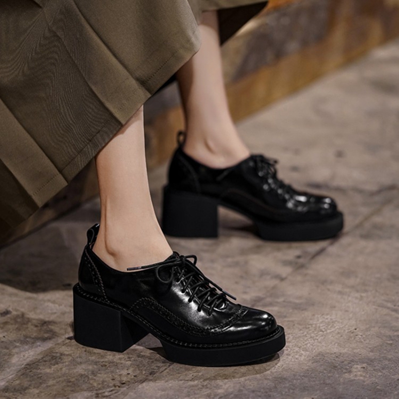 Spring/Autumn NEW Pumps Genuine Leather for Women Round Toe Chunky Heel Retro Brown Platform Ladies Shoes 4390 Platm