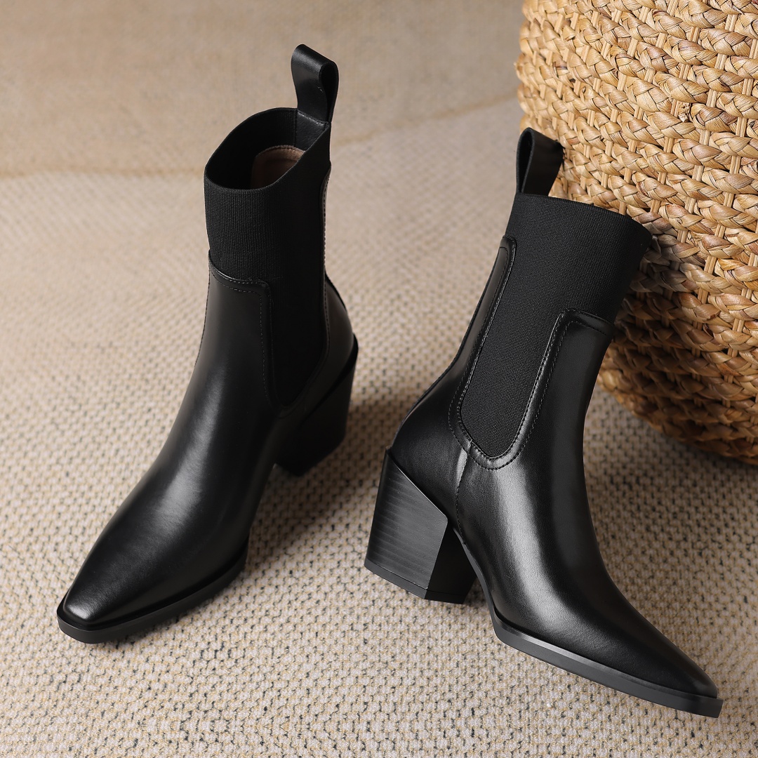 size Large 34-42 women's genuine leather elastic patchwork slip-on autumn ankle boots 7cm thick med heels elegant ladies shoes 995d