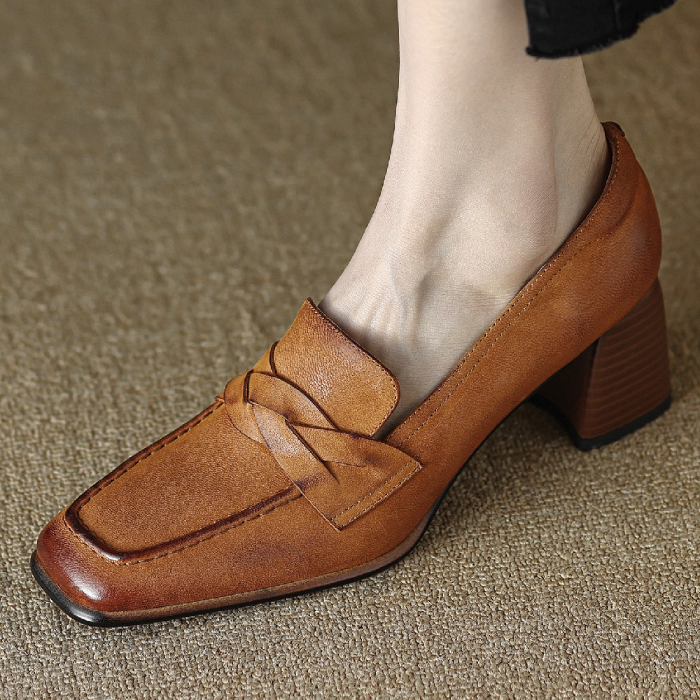 Women's genuine leather thick high heel square toe slip-on pumps OL style soft comfort elegant ladies heeled shoes plus size 42