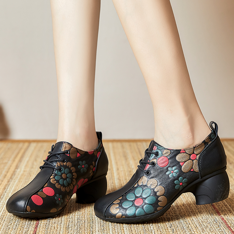 Spring/Autumn 2024 Genuine Leather Lace-Up Pumps, Chinese Style Printing Concise High Heels Ladies Shoes 4
