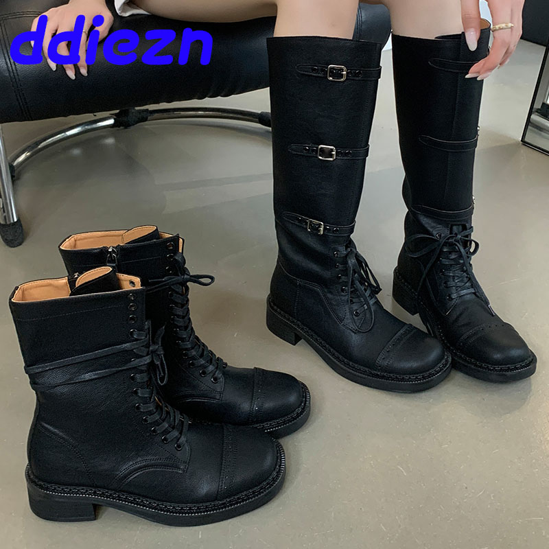 New Black Footwear Flats Ladies Ankle Boots With Lace Up Shoes Female Fashion Round Toe Designer Women Knee High Long Booties
