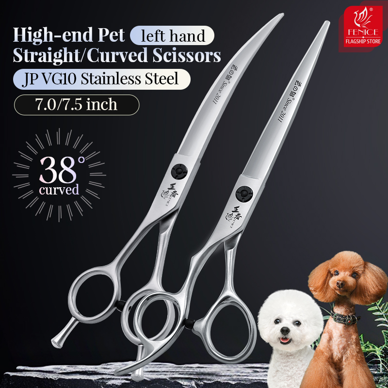 Fenice Professional JP VG10 Steel Left Hand 7/7.5 Inch Super Curved 38°/Straight Pet Dog Grooming Scissors Shears Dog Scissors
