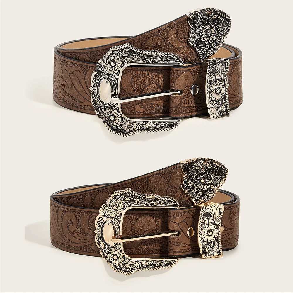 PU Leather Belts Luxury Metal Carved Buckle Jeans Dress Pants Waistband Western Brown Cowgirl Waist Belt Hip Hop Fashion BeltX240914