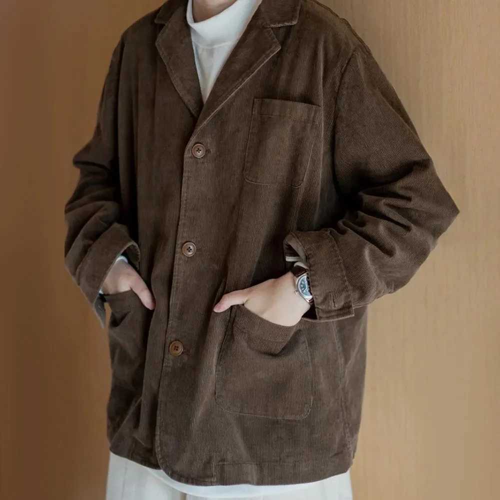 Mens Jacket Corduroy Blazer Japanese Retro Set Jacket Pocket Relaxing Fit Cardigan Button Daily Fashionable Casual Coat W240914