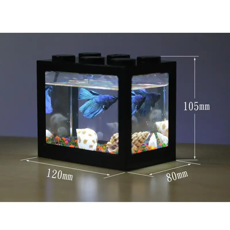 USB Mini Fish Tank Betta Mini Aquarium with LED Light Creative Building block home office Tea Table decoration Fish Feeding box
