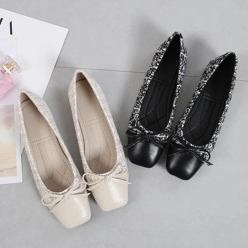 Plus Size 44 Ballerina Flats Round Toe Shoes Woman Tweed Comfortable Slip on Flat Shoes Ladies Maternity Shoes Zapatos