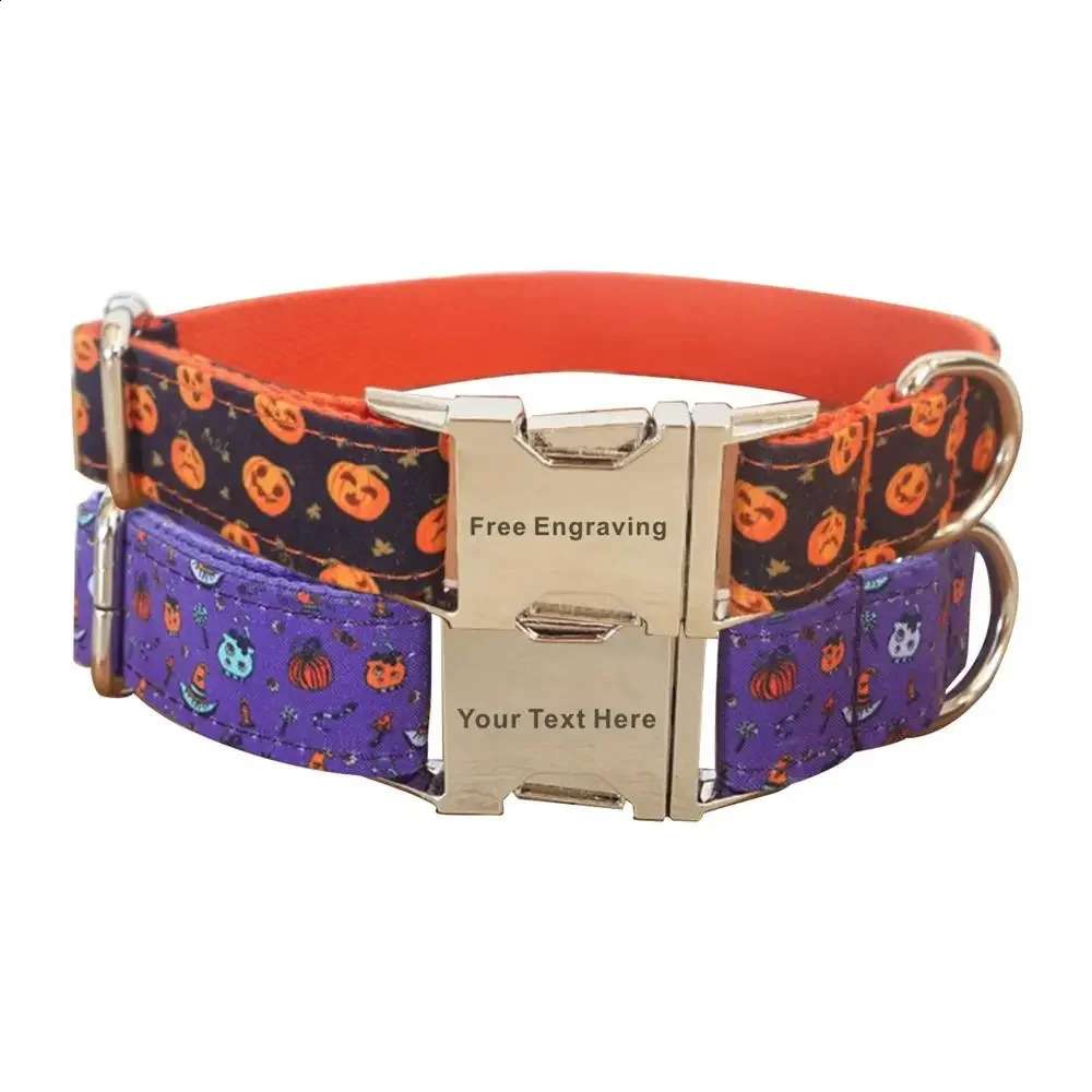 Personalized Halloween pet collar customized name ID tag adjustable cat cartoon bat pumpkin dog collar lead strap 240914