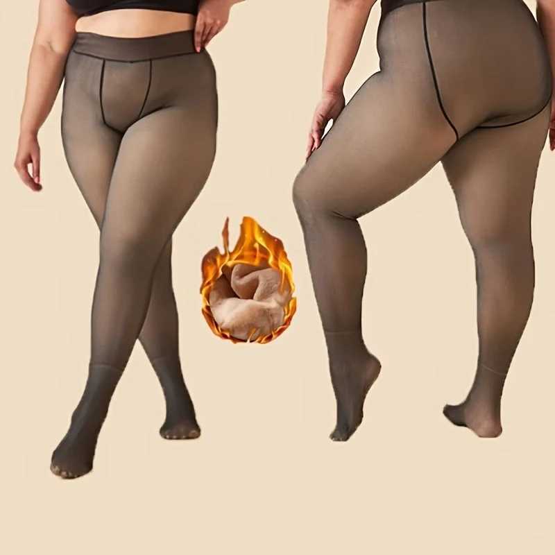 Womens Plus Casual Tights Plus Size Solid High Waist Fake Transparent Fleece Lined Warm Leggings For Fall WinterX240914