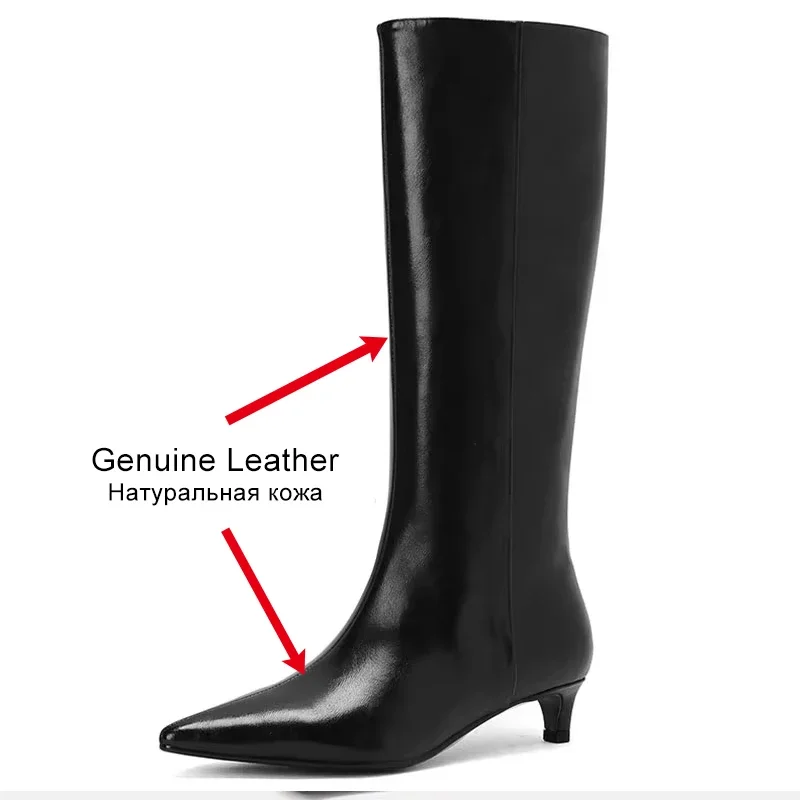 JOZHAMTA Size 34-43 Knee High For Women Genuine Leather Sexy Pointy Kitten Heels Shoes Winter 2025 Wide Calf Long Boots