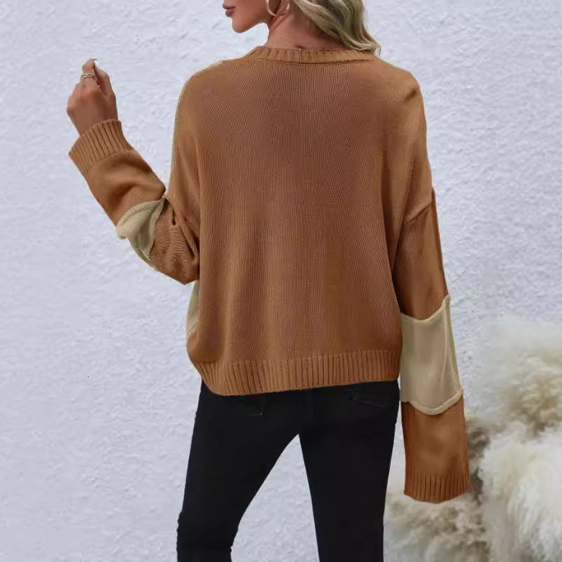 dongdumaoyi New autumn and winter pullover round neck long sleeved knitted sweater fashionable color blocked loose sweater F0914#42