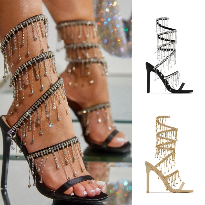 2024 Black Gold Wrap Rhinestone Pendant Sandals Woman Summer 11cm High Heel Crystal Chain Wedding Banquet Women Shoes Size 42