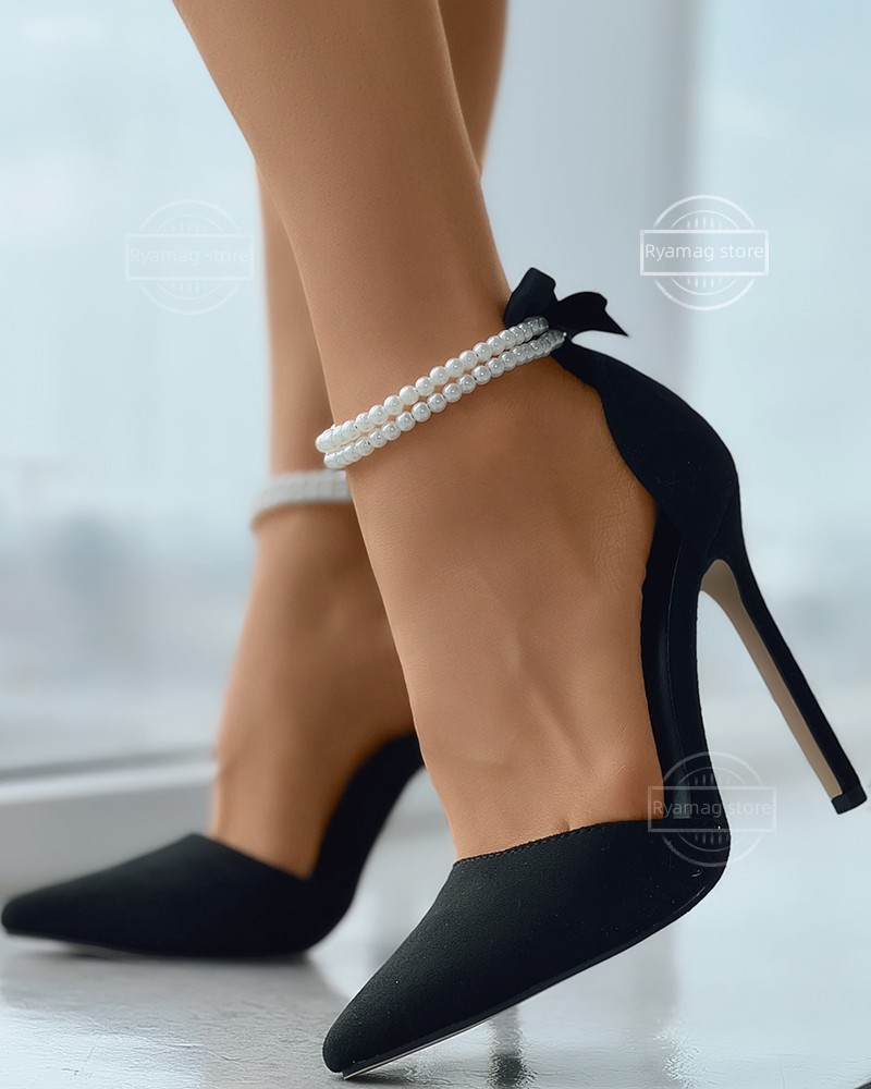 Women's Pearl Ankle Strap Stiletto Pumps Butterfly Pointed hot Toe High Heel Sandals for Parties and Events - 2024