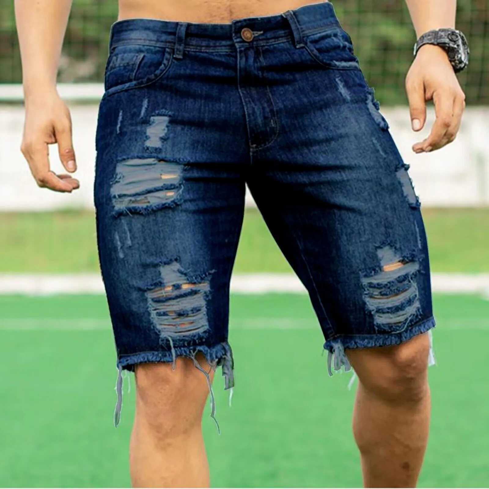 2023 Summer Denim Shorts For Men Loose Fit Hip Hop Distressed Ripped Wide Leg Mens Cropped Pants Short Jeans OversizeX240914