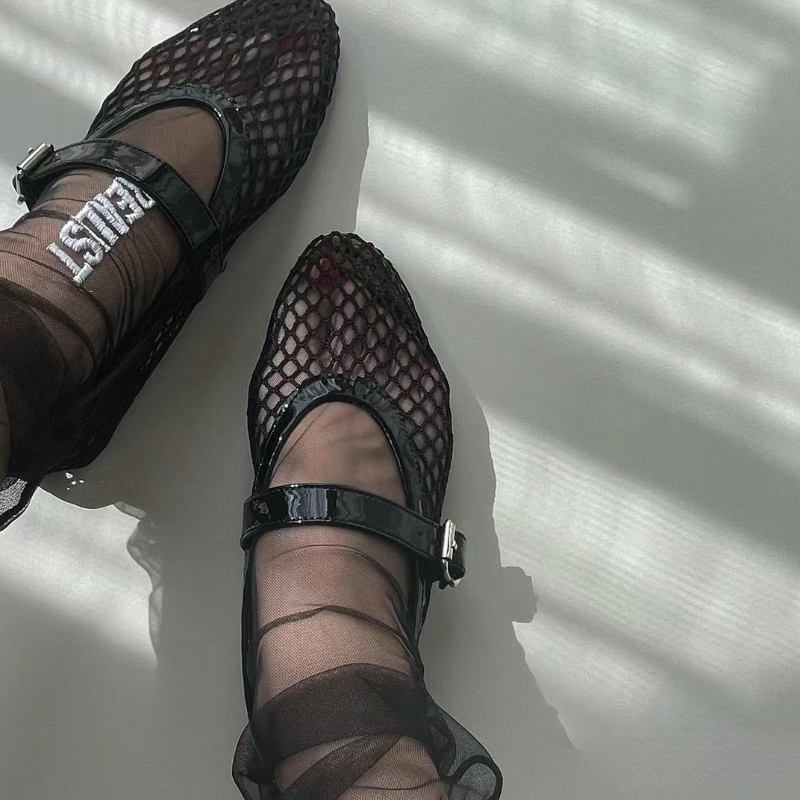 Kadın Bale Ayakkabıları Yuvarlak Burunlu Toka Askılı Topuklu Sandaletler Moda Tasarımcı Örgü Bale Daireleri