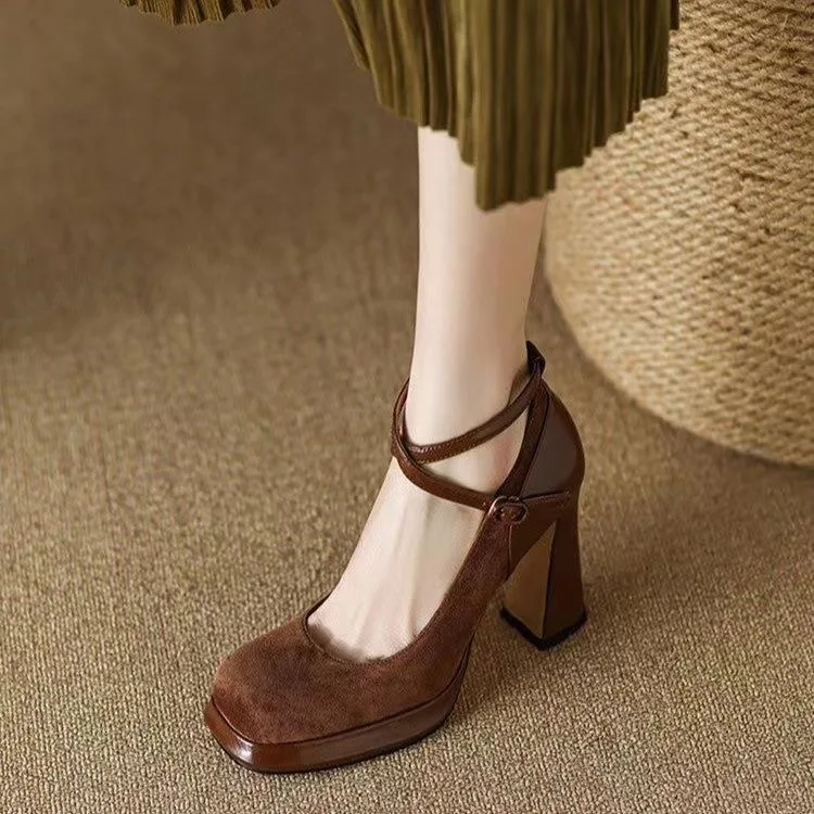 New Vintage Super High Heels New Women Ankle Buckle Platform Pumps Woman Round Toe Chunky Heeled Shoes 8143