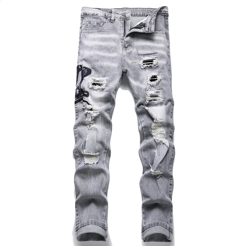 Men Snake Embroidery Gray Denim Jeans Streetwear Holes Ripped Distressed Stretch Pants Embroidered Slim Straight Trousers 240913