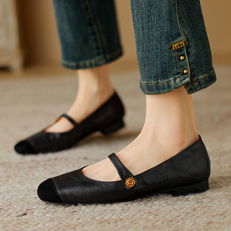 NEW Spring/Autumn Women Pumps Genuine Leather Shoes for Women Square Toe Chunky Heel Shoes Low Heel Shallow Mary Janes Shoes