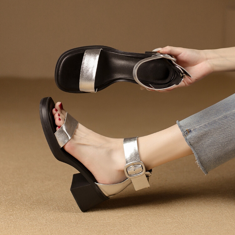 Open Summer Toe Chunky for Women Cover Heel Sandals Concise Split Leather New Handmade Platform Shoes 42f4 Platm