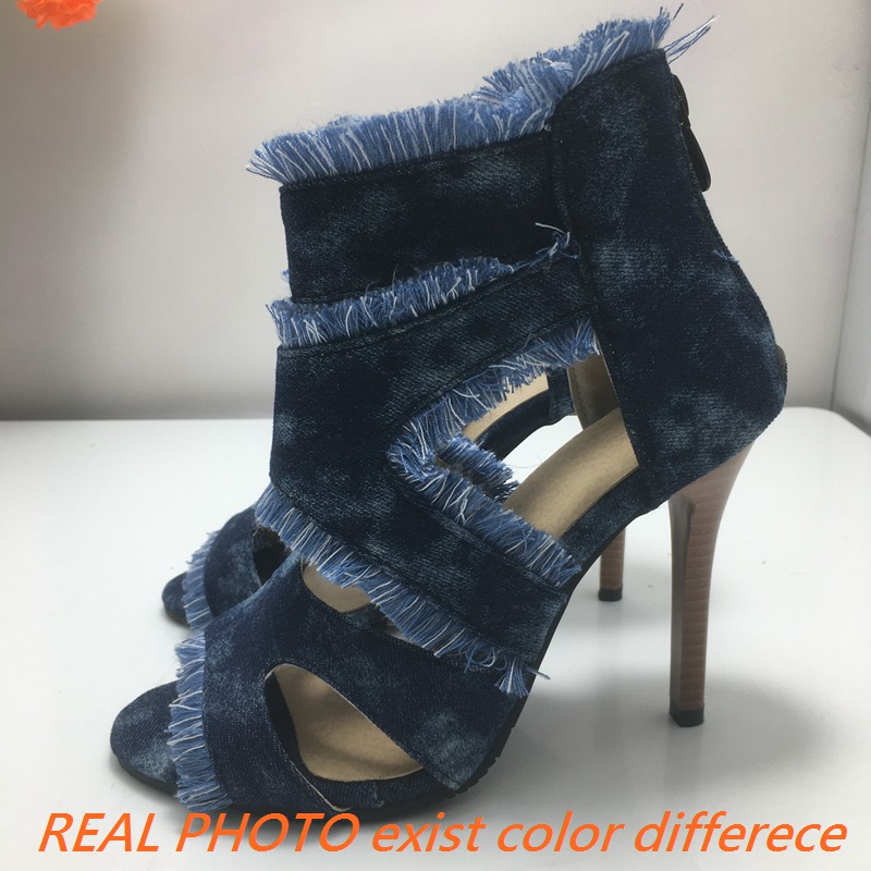 Design Fashion Women Sandals Peep Toe Stiletto Thin Heels 11cm Zipper Denim Plus Size 49 50 Party Dating Female Shoes