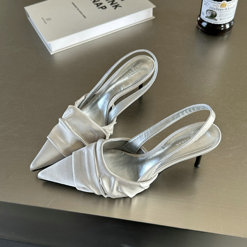 2025 new Sandals Women's Summer New Pointy Pumps Back Empty Single Shoe Satin Ribbon High Heels 3908