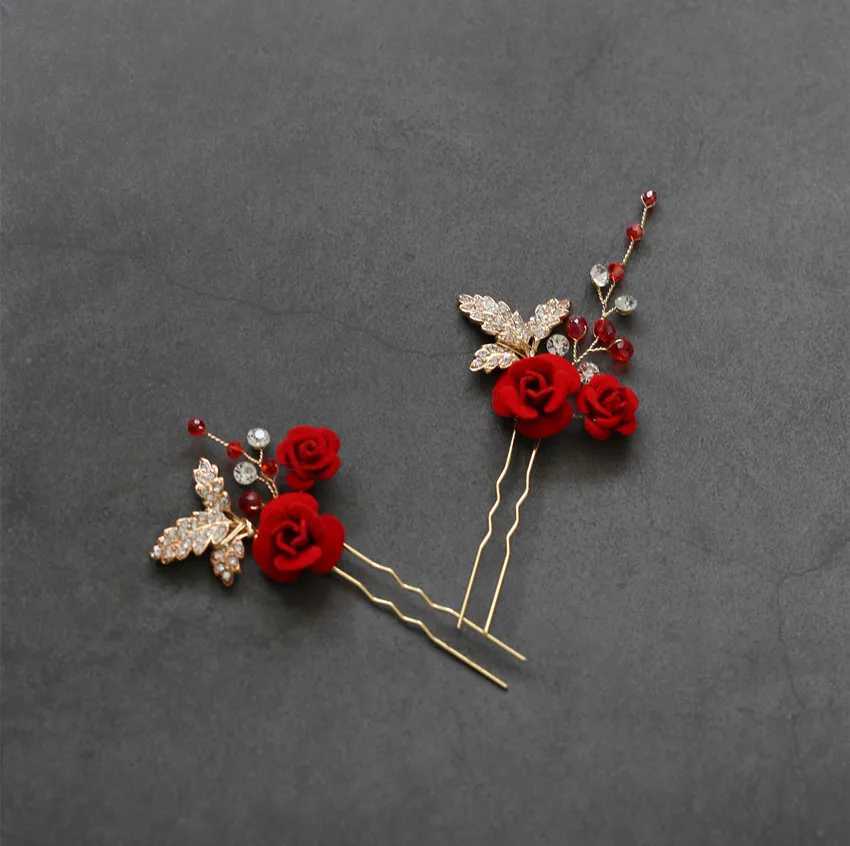 Charming Red Flower Women Prom Headpiece Rhinestone Bridal Hair comb Wedding Headband Hair Pins AccessoriesX240913
