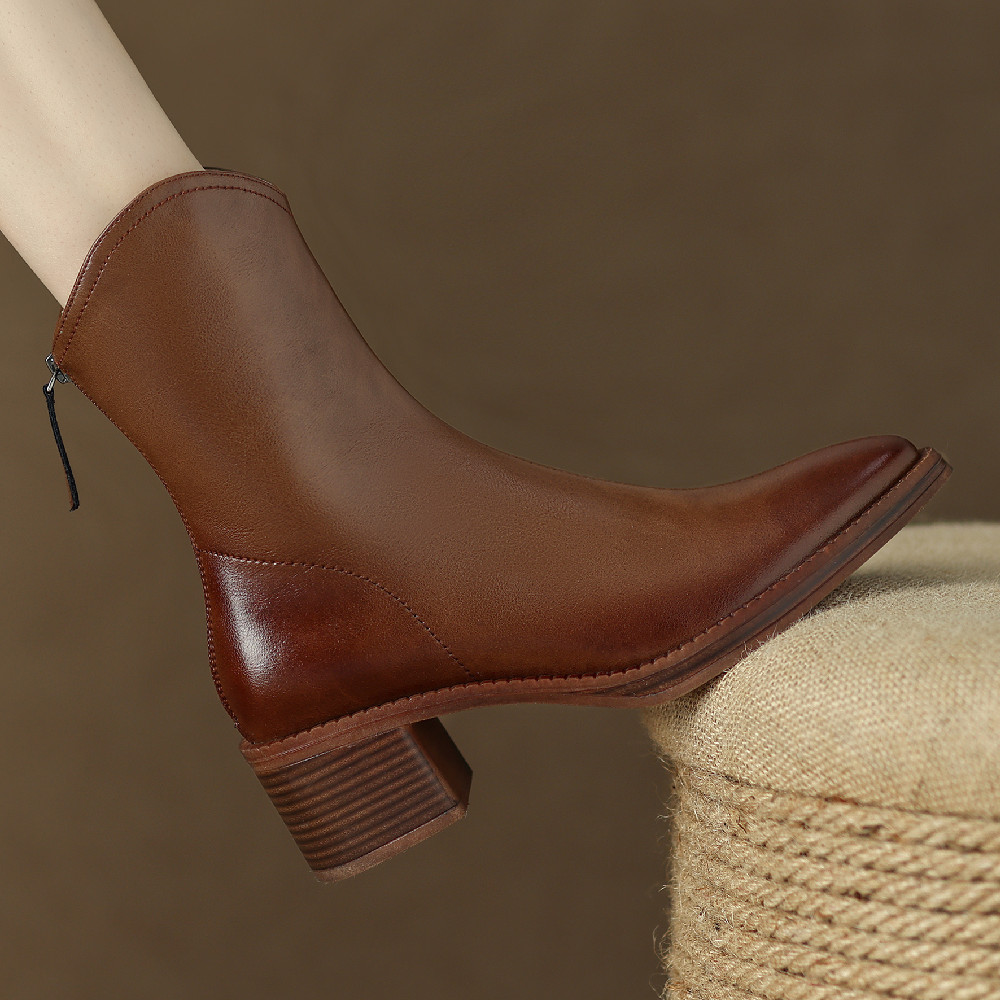genuine Women's leather autumn ankle boots 5.5cm thick med heel round toe back zip short booties high quality slim daily shoes 167a