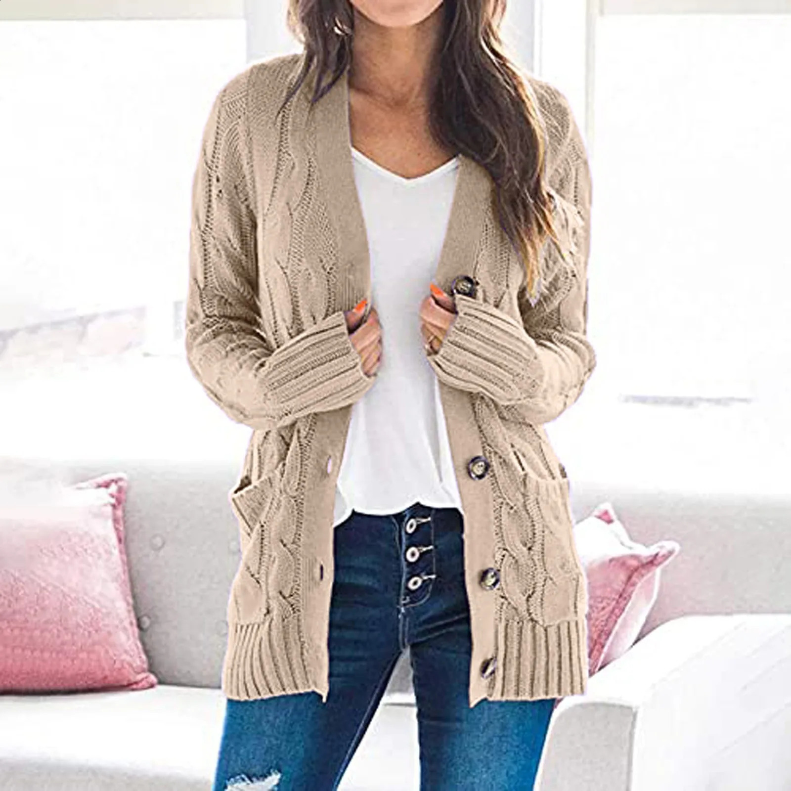 Cardigan Pockets Open Front For Ladies Autumn And Winter Sweaters Womens Long Sleeve Knit Boho Patchwork Coat 240904