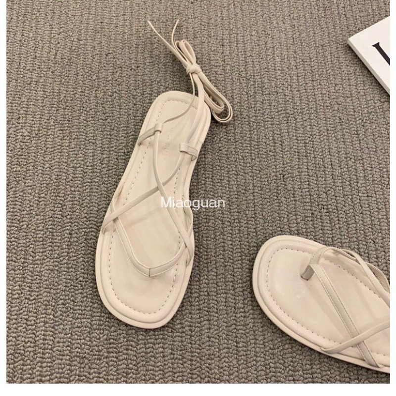 Korean Version 2024 New Summer Flat Lace-up Sandals Women's Shoes French Retro Lace-up Roman Shoes Sandal Round Head Non-slip PU