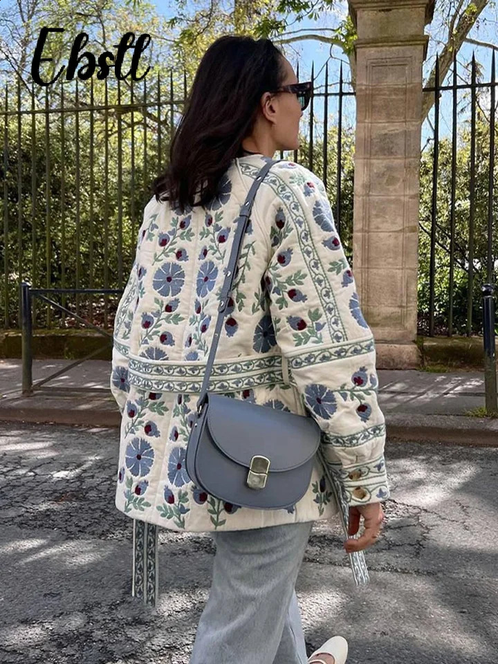 Casual Print Quilted Belt Coats Women O-neck Single Breasted Long Lantern Sleeve Jackets 2024 Autumn Winter Female Outwear 240912