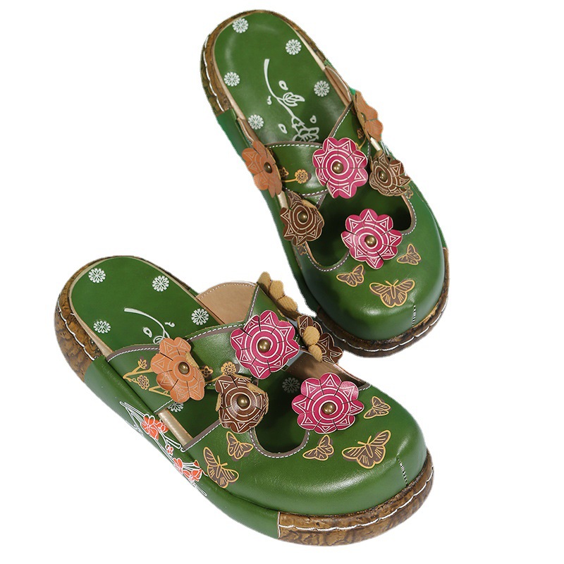 2024 Summer New Baotou Ethnic Slippers Bottom Flower Handmade Thick Sole Retro Women's Platform Sandals Zapatillas Mujer
