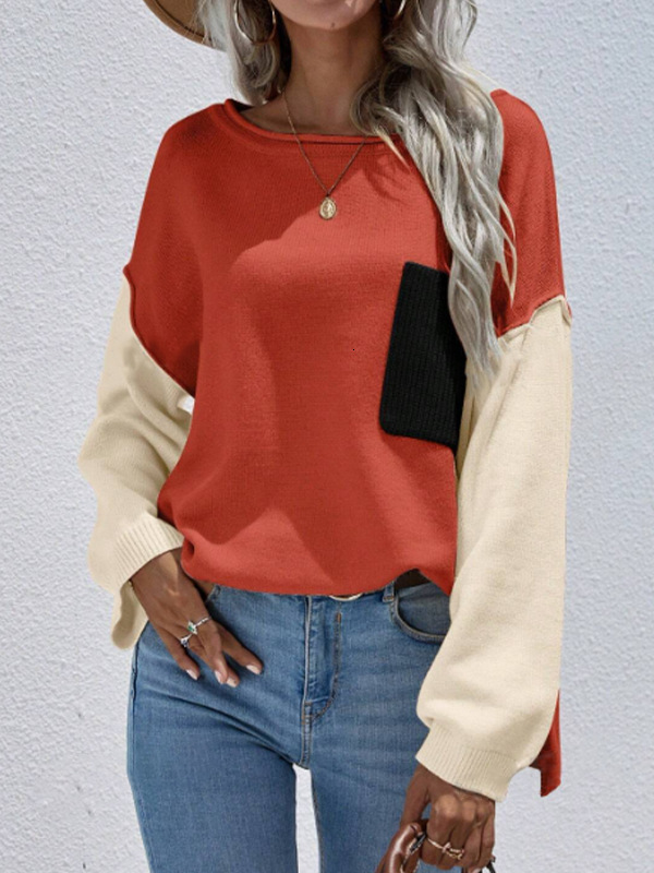 dongdumaoyi New round neck sweater, fashionable color blocked pocket knit top, casual loose knit sweater F0914#52