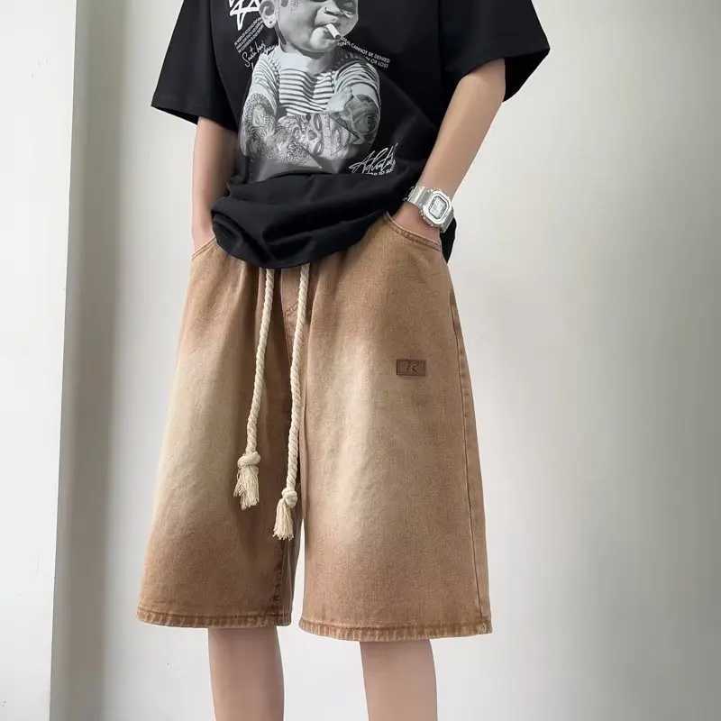 Mens Summer New Washed Denim Shorts Rope Elastic Waist Casual Loose Five Points Drawstring Jeans ShortsX240914