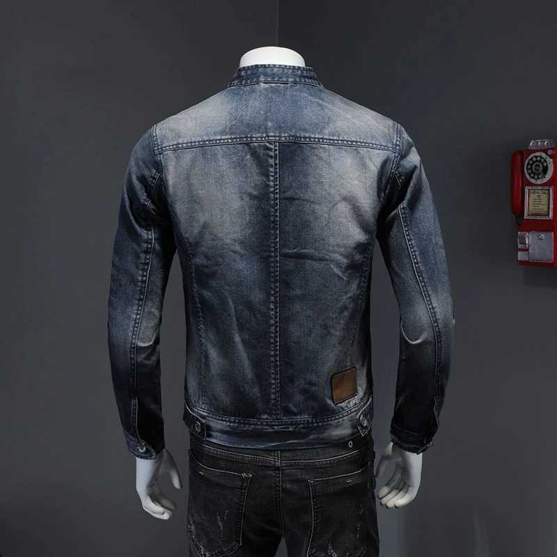 New vertical collar blue denim jacket mens slim fit motorcycle style casual outdoor top W240914