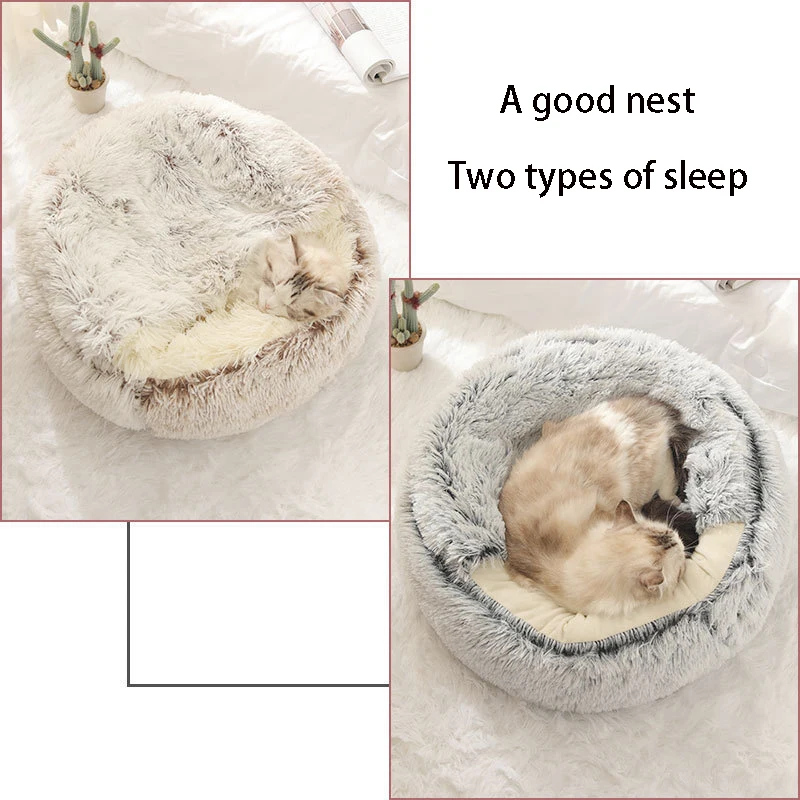 2 in 1 Soft Plush Pet Bed with Cover Round Cat Bed Pet Mattress Warm C Cat Dog Sleeping Nest Cave for Small Dogs kitten