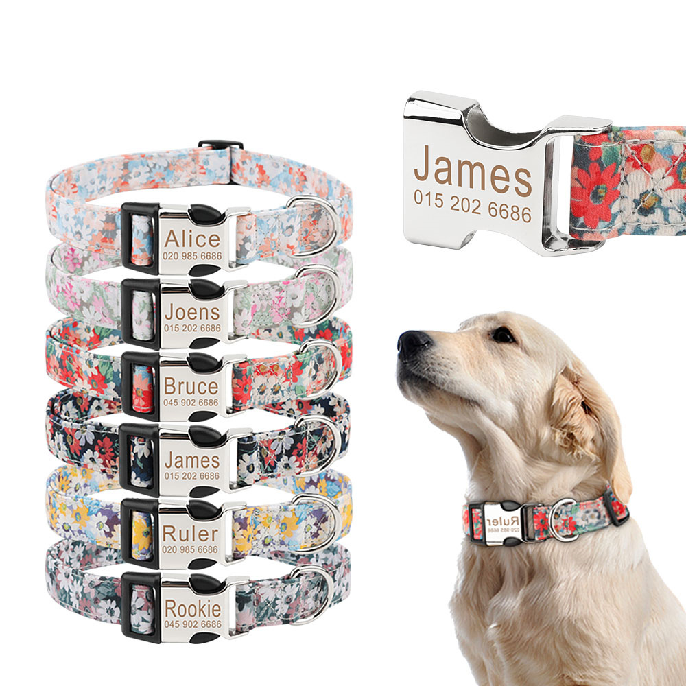 Dog Collar, Cute Floral Dog Collar with Engraved Nameplate ID Metal Buckle and Matching Leash for Small Medium Large Dog Cats