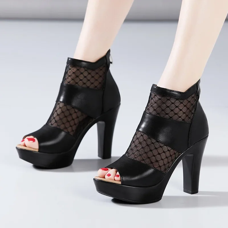 Small Size 32-43 Peep Toe Cutout Lace Soft Leather Shoes Women Summer 2024 Block High Heels Gladiator Sandals Sexy Booties