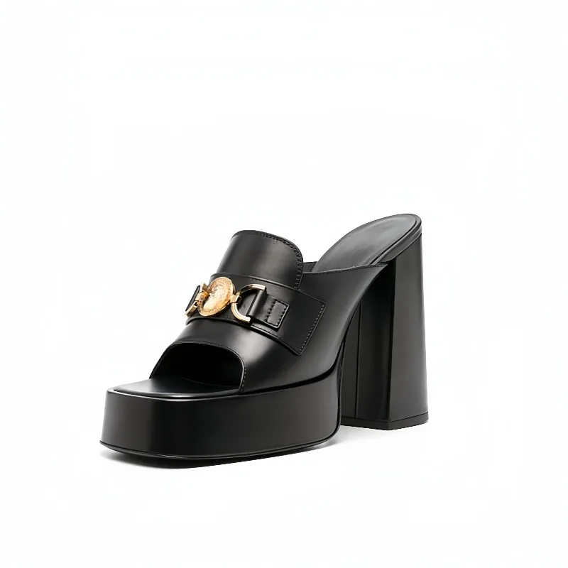 Metal Brand Buckle Sexy Thick Outdoor Slippers Women's Fashion Waterproof Platform High Heel Sandals Exquisite Woman Shoes f6bf