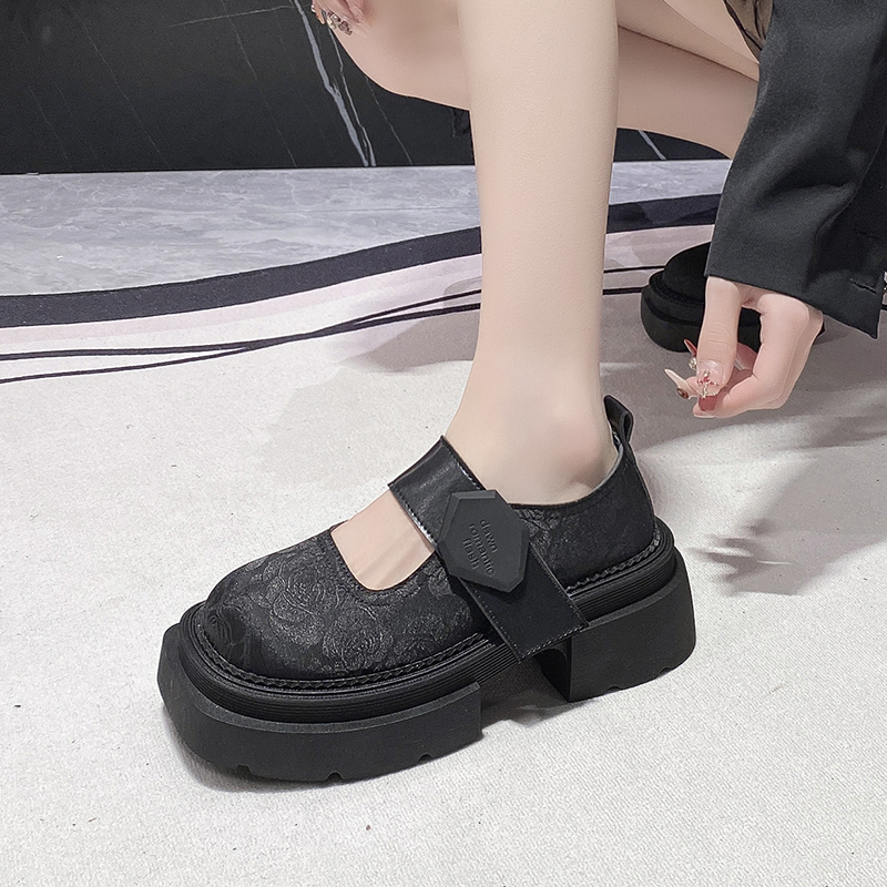 Thick Casual Thick Heels Increase Simple French Shallow Mouth Women 2024 New Spring Black Retro Mary Jane Shoes