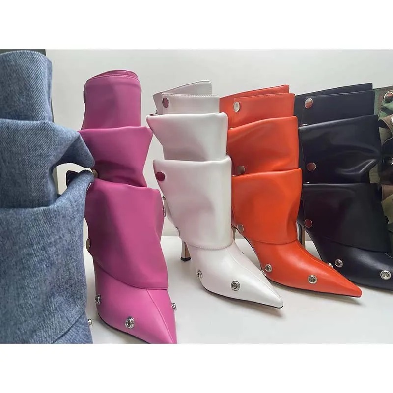 Wrinkled Metal Button Spliced Denim 2024 Women Detachable Mid-calf 34-43 Auto Show Model Fashion Boots