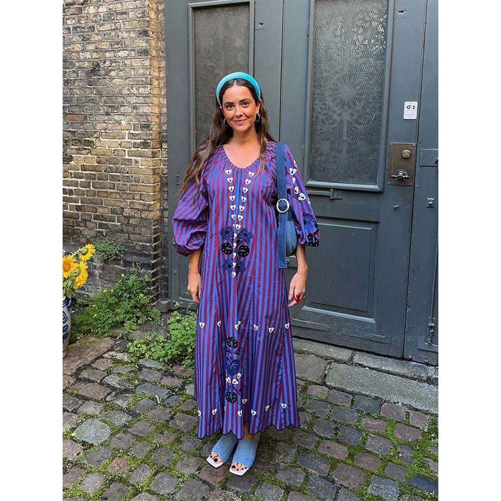 Vintage Printed Striped Color Blocked Long Dresses Women Casual V-Neck Puff Sleeve Loose Dress 2024 Autumn Lady High Streetwear