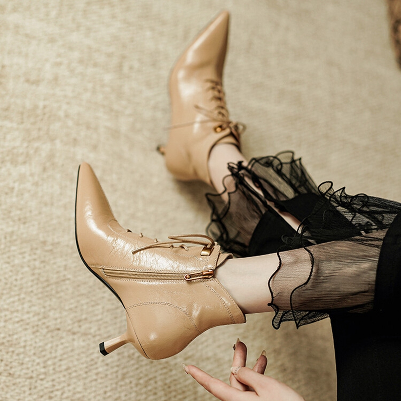 Autumn NEW Pointed Toe Thin Heel Genuine Leather Shoes for Women Elegent Zipper Ankle Solid Winter Boots a889